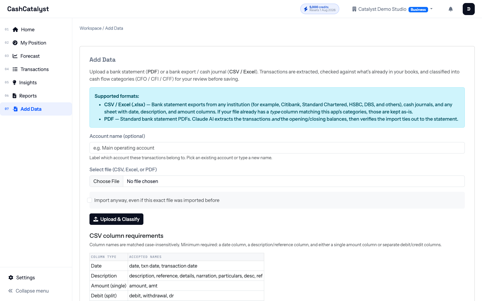 Add Data page showing bank statement formats, account name, and upload controls