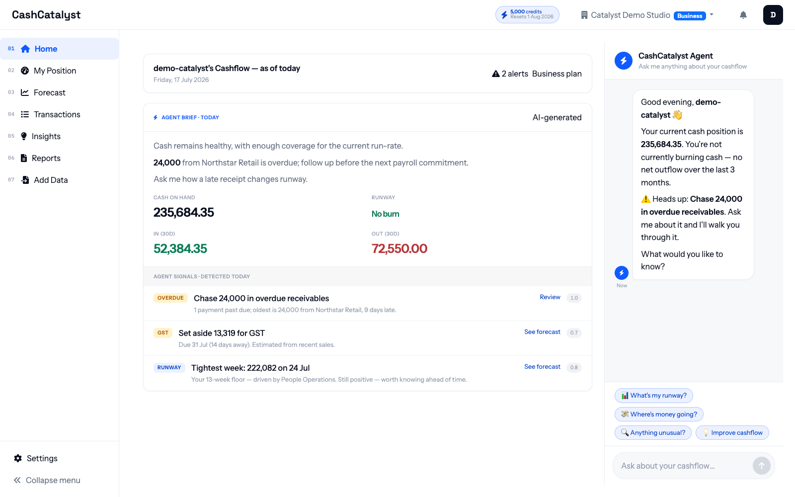 CashCatalyst Home showing the daily brief, cash signals, and cash assistant