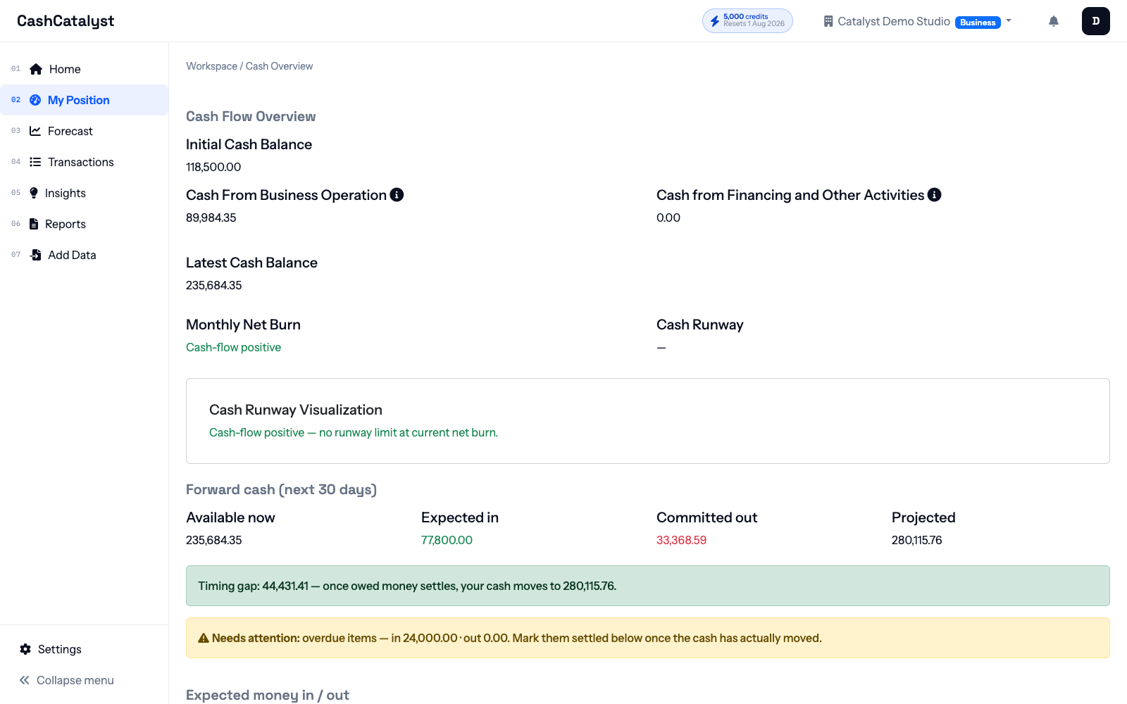 My Position page showing organization cash and account-level balances