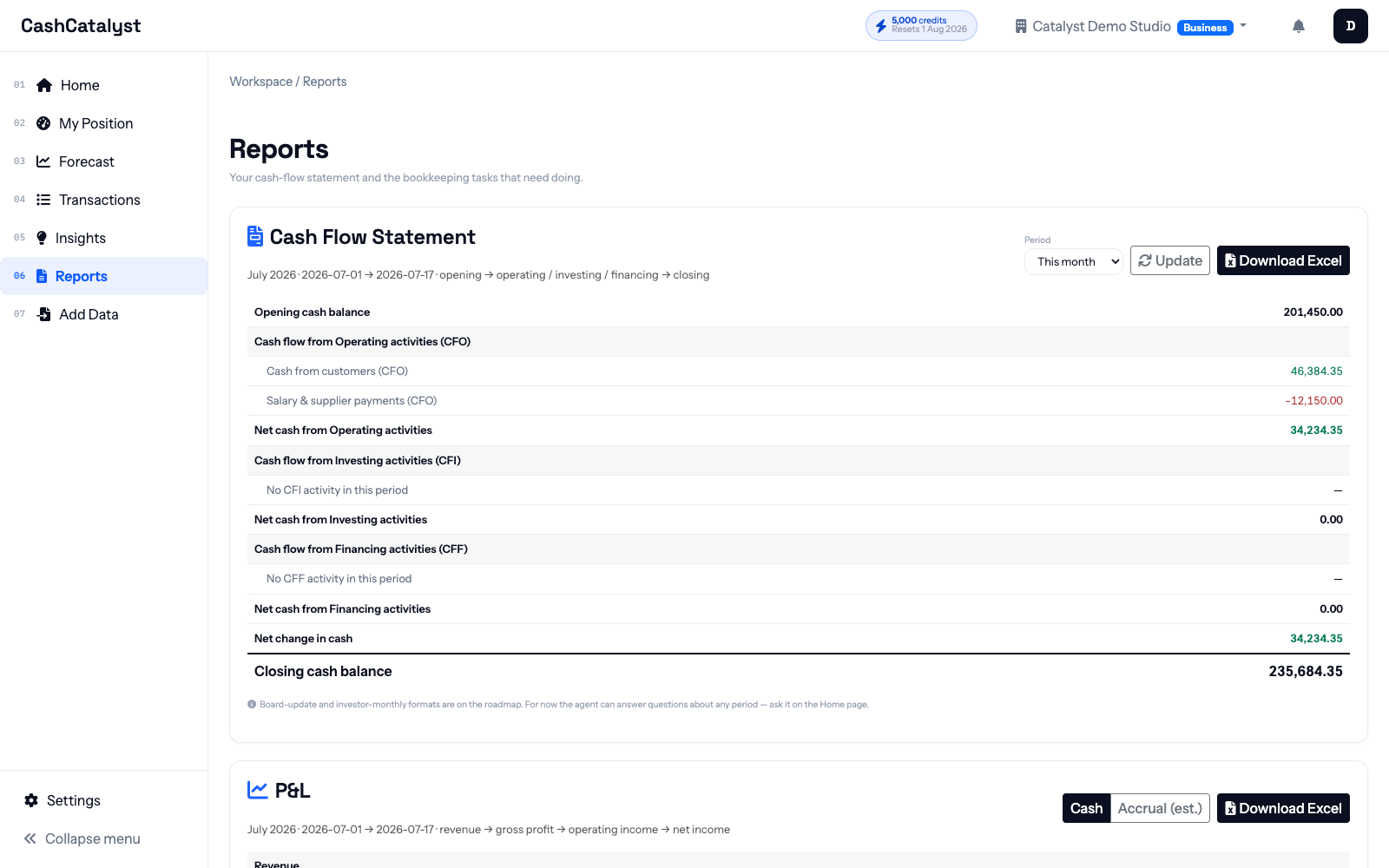 Reports page showing a period cash-flow statement