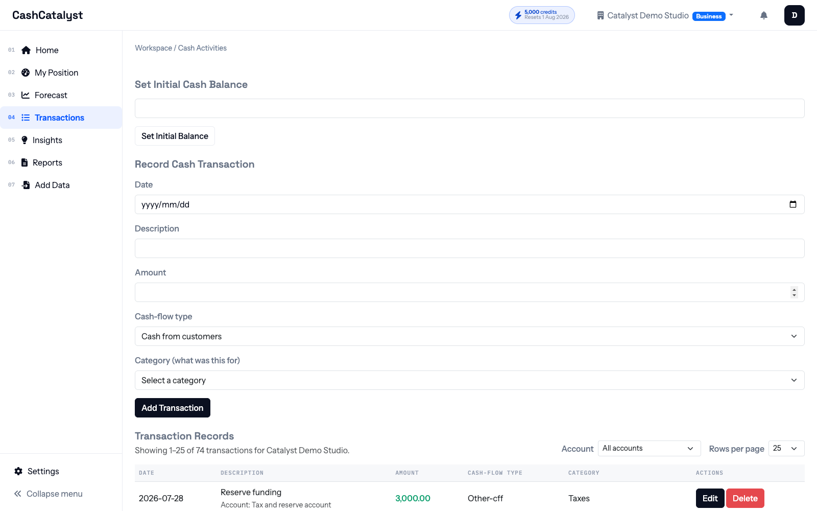 Transactions page showing the shared ledger and bank account labels